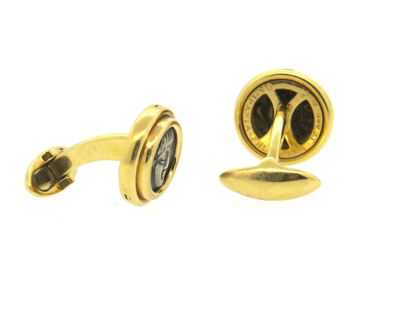 Bulgari Campania Phistelia IV Ancient Coin Gold Cufflinks In Excellent Condition For Sale In Lambertville, NJ