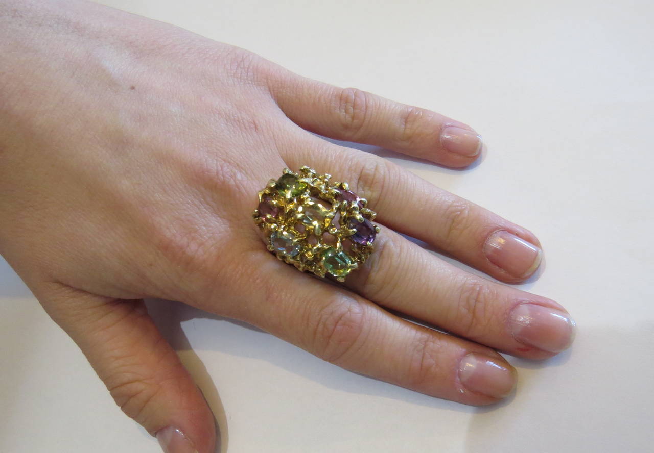 1970s Large Multi-Color Gemstone Gold Free-Form Ring 2