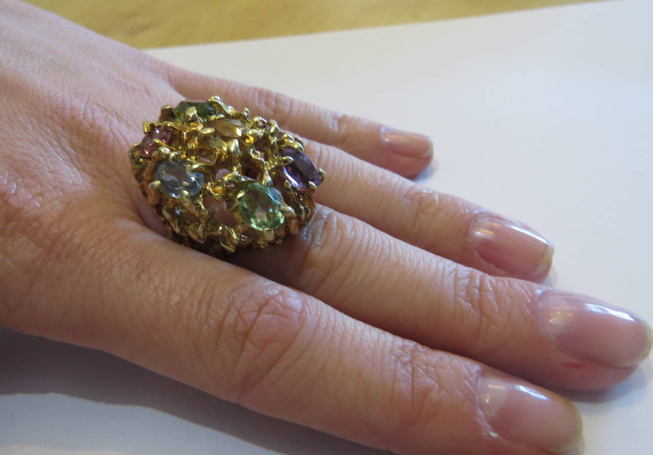 1970s Large Multi-Color Gemstone Gold Free-Form Ring 3