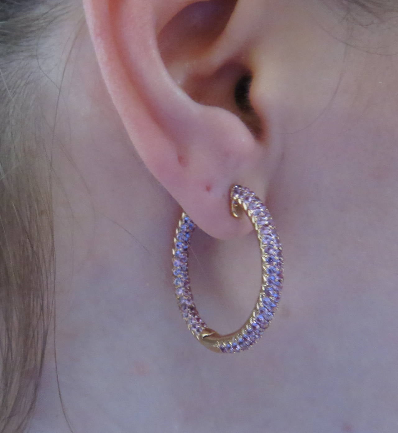 Modern Pink Sapphire Gold Inside Out Hoop Earrings 1