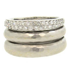 H. Stern Wide Diamond Hammered Gold Three Row Band Ring
