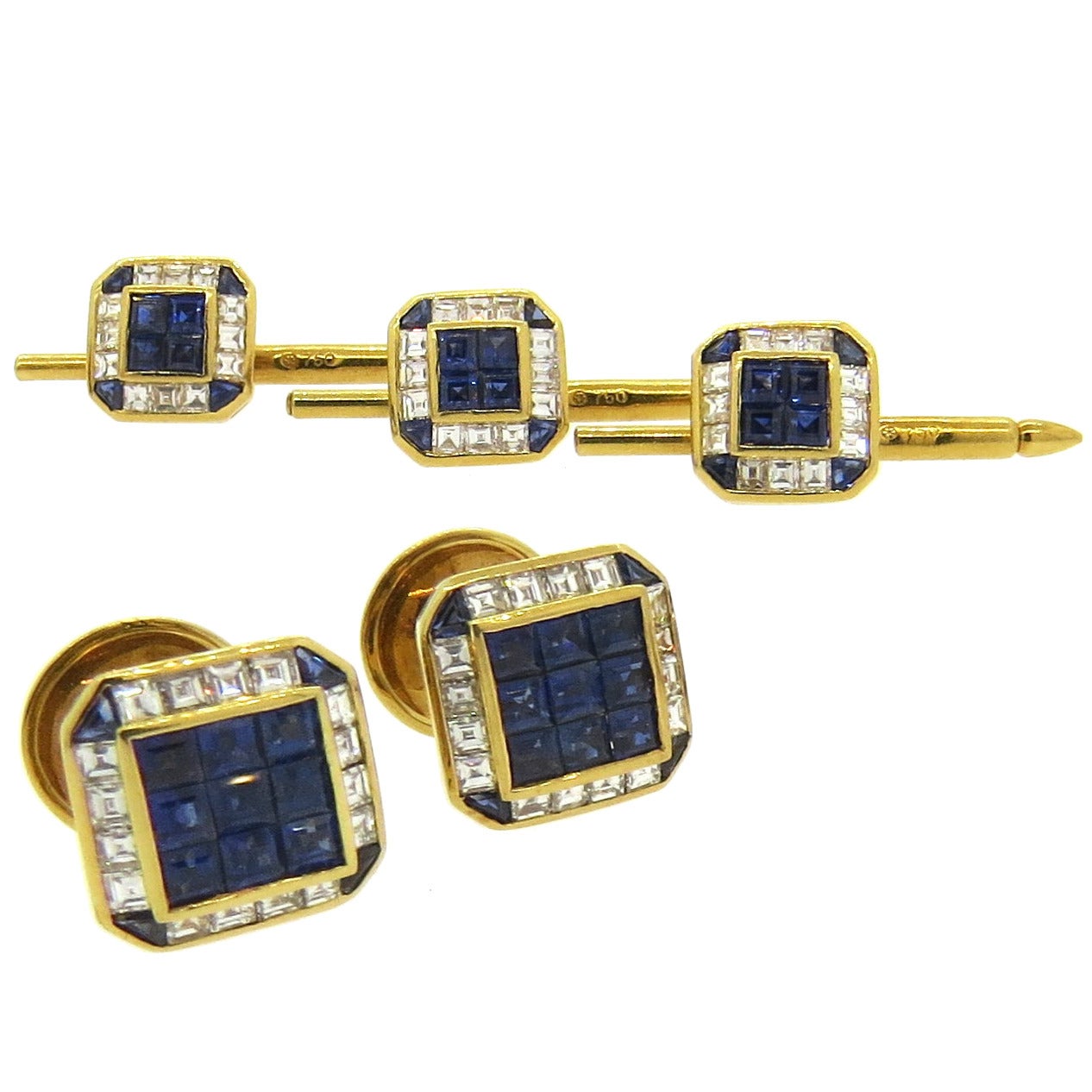 Exquisite Sapphire Diamond Gold Cufflinks and Stud Dress Set