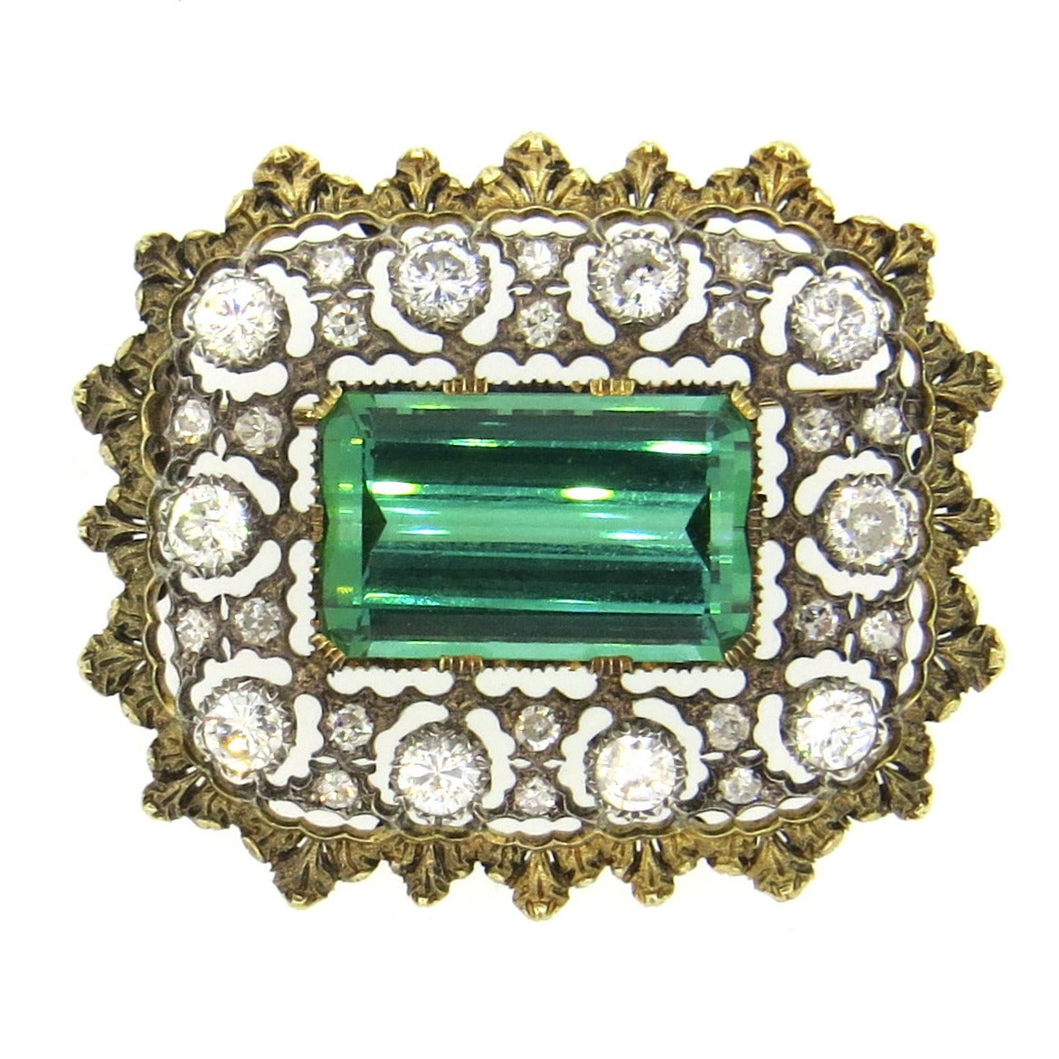 Impressive Buccellati Green Tourmaline Diamond Gold Brooch Pin