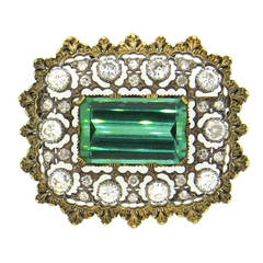 Impressive Buccellati Green Tourmaline Diamond Gold Brooch Pin