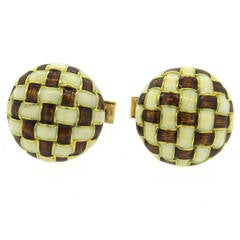Large Enamel Gold Basketweave Pattern Cufflinks
