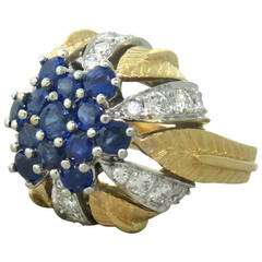 Sapphire Diamond Gold Leaf Motif Ring