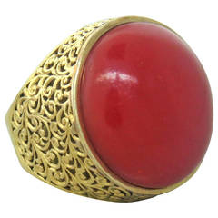 Mid Century Oxblood Coral Gold Cocktail Ring