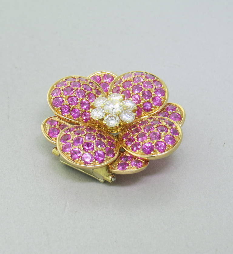 Van Cleef Arpels Pink Sapphire Diamond Gold Flower Brooch at 1stDibs