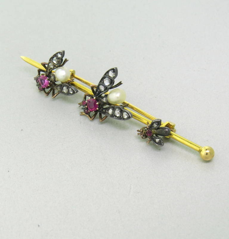Antique Victorian yellow gold and silver top brooch pin,featuring three flies,crafted with rose cut diamonds, rubies and pearls. Pin measures 70mm x 20mm. weight - 7.6gr