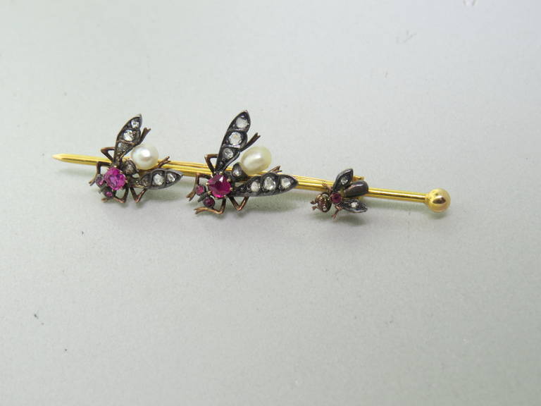 Women's Victorian Antique Ruby Diamond Silver Gold Fly Brooch Pin