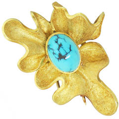 Modernist Turquoise Brushed Gold Brooch Pin