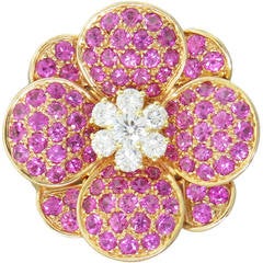 Van Cleef Arpels Pink Sapphire Diamond Gold Flower Brooch