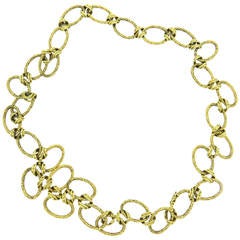Vintage 1970s Heavy Oval Bamboo Pattern Gold Chain Link Necklace