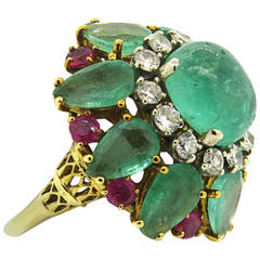 1960s Impressive Emerald Ruby DIamond Gold Cocktail Ring
