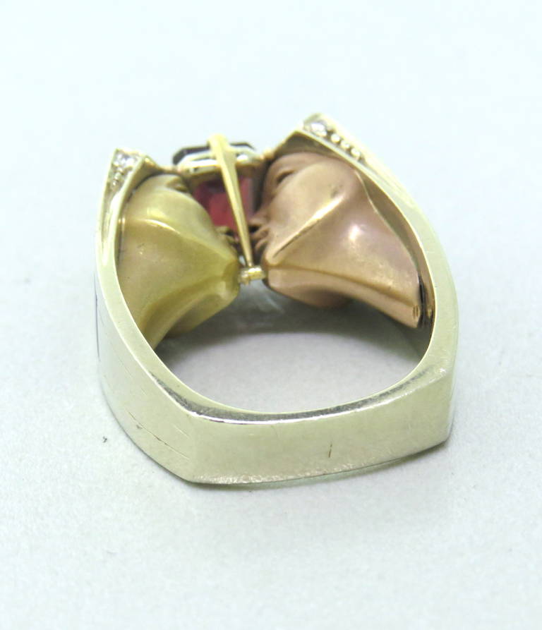 Ornate Lapis Garnet Diamond Gold Ring In Excellent Condition In Lambertville, NJ