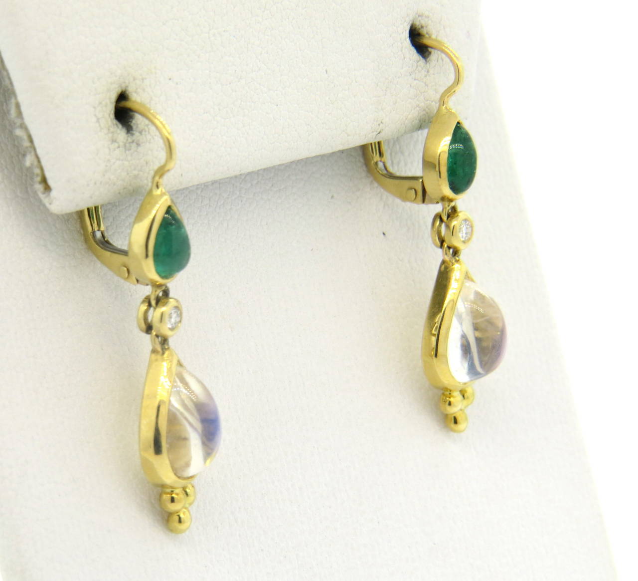 Temple St. Clair Moonstone Emerald Diamond Gold Drop Earrings In New Condition In Lambertville, NJ