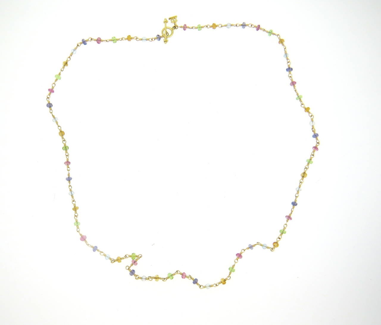 New 18k yellow gold necklace, crafted by Temple St. Clair with multicolor sapphire beads, measuring 4mm in diameter. Necklace is 24