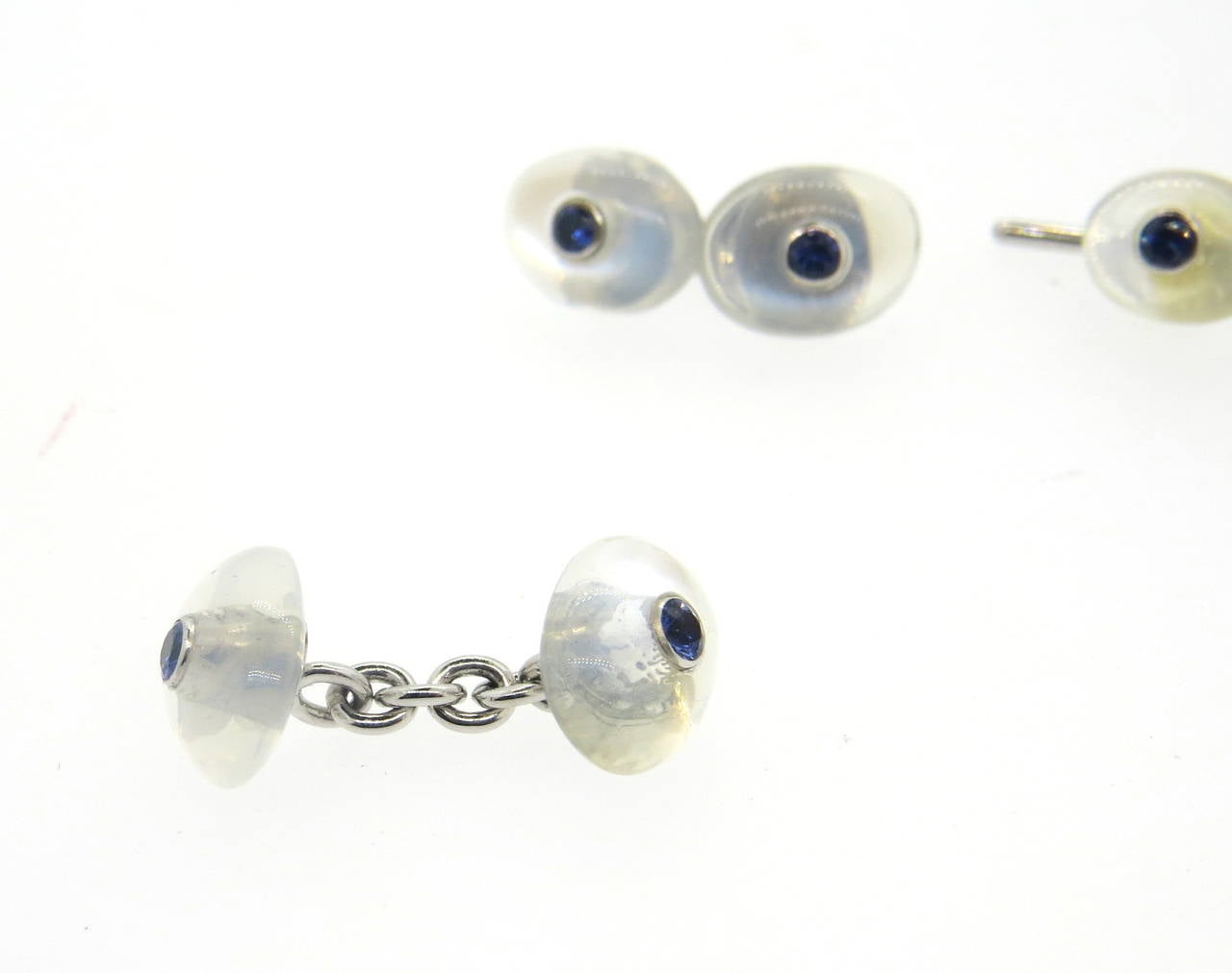 Trianon Rock Crystal Sapphire Gold Cufflinks Stud Dress Set In New Condition In Lambertville, NJ