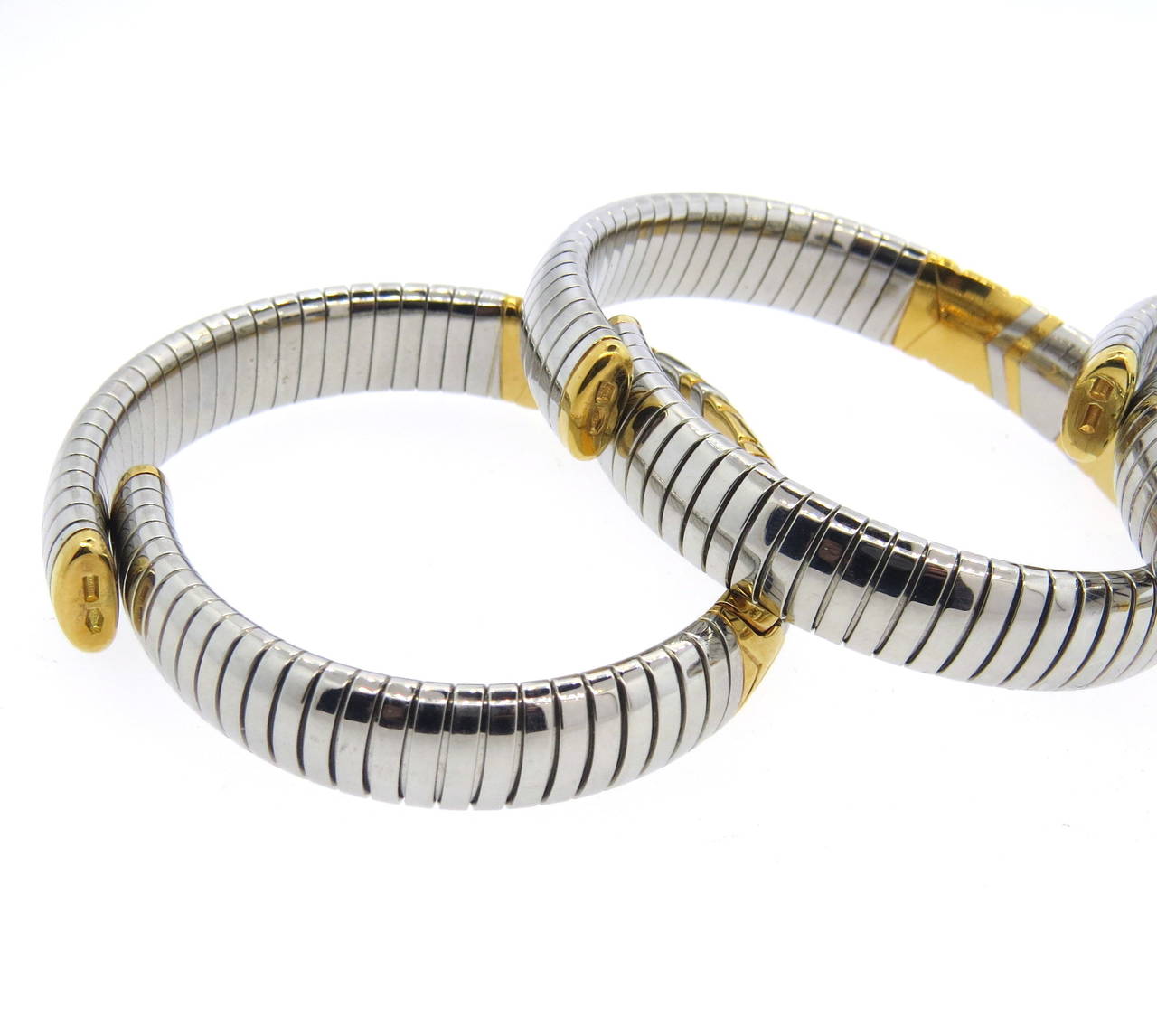 Set of three Bulgari 18k yellow gold and steel bracelets from Parentesi collection. Each bracelet will comfortably fit up to 6 3/4