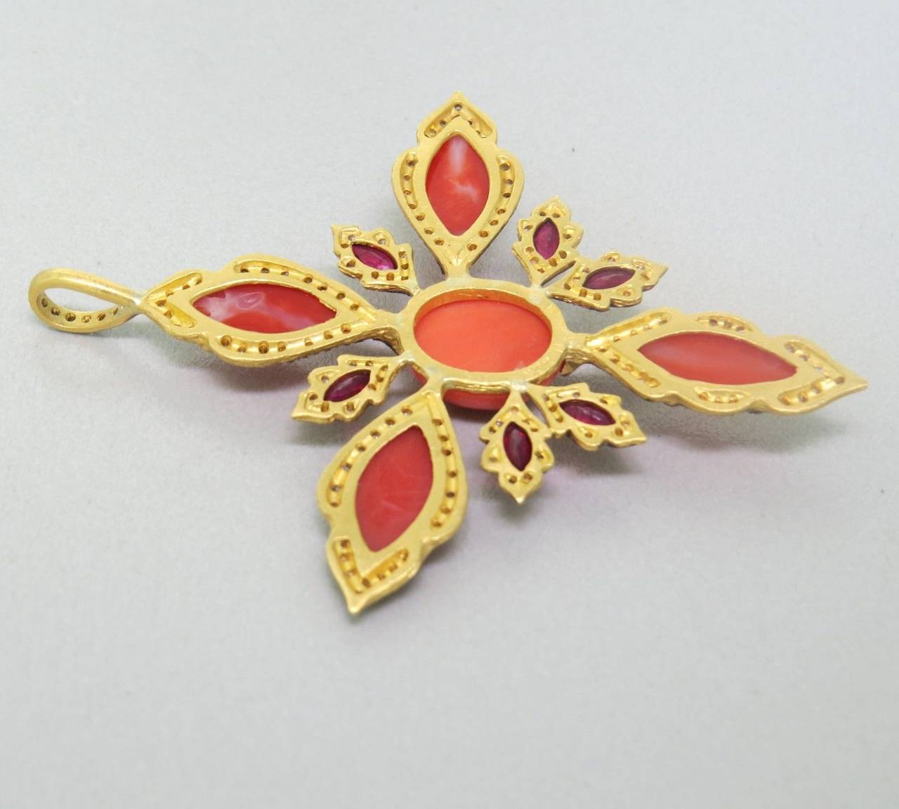 Sensational Cathy Waterman 22K yellow gold pendant featuring coral, rubies and diamonds. Pendant is 64mm x 50mm.  Pendant retails for $15,780!