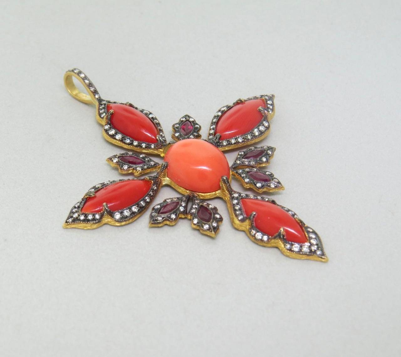 Cathy Waterman Coral Ruby Diamond Gold Pendant In Excellent Condition In Lambertville, NJ