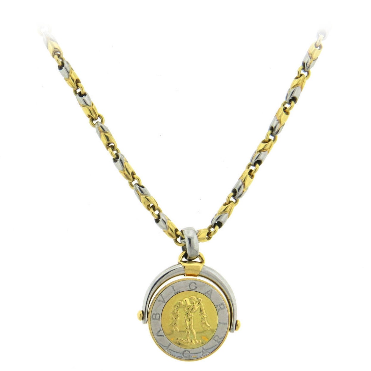 Bulgari Steel Gold Aquarius Zodiac Flip Pendant Necklace