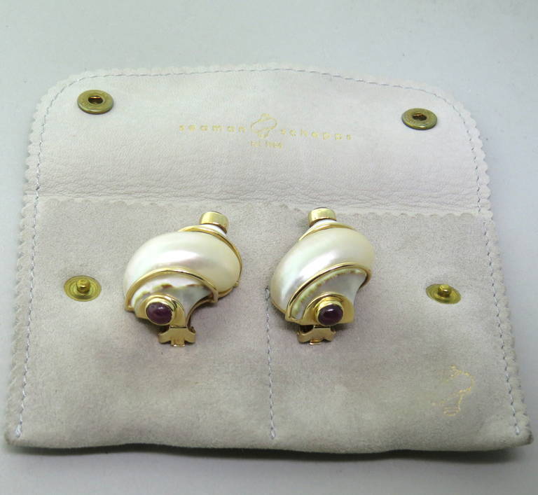 Women's Seaman Schepps Shell Ruby Gold Earrings