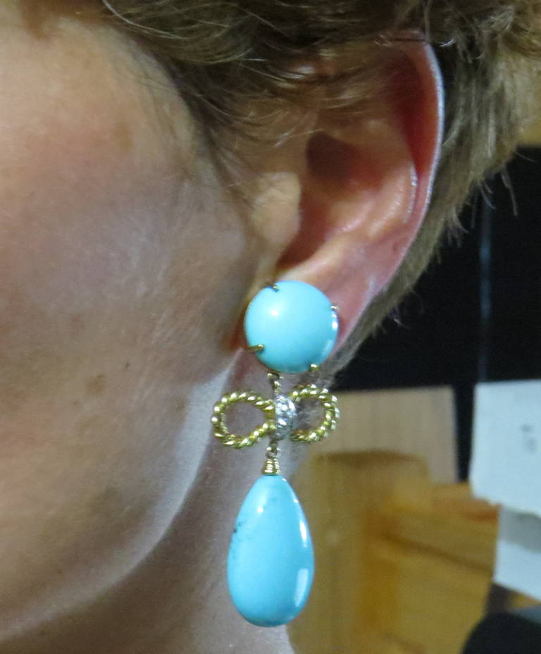 Women's D. Bouzan Turquoise Diamond Gold Platinum Drop Earrings