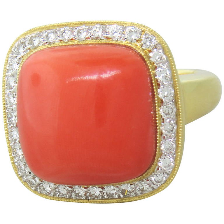Modern Coral Diamond Gold Cocktail Ring