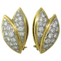 1980s Classic Diamond Gold Leaf Motif Earrings