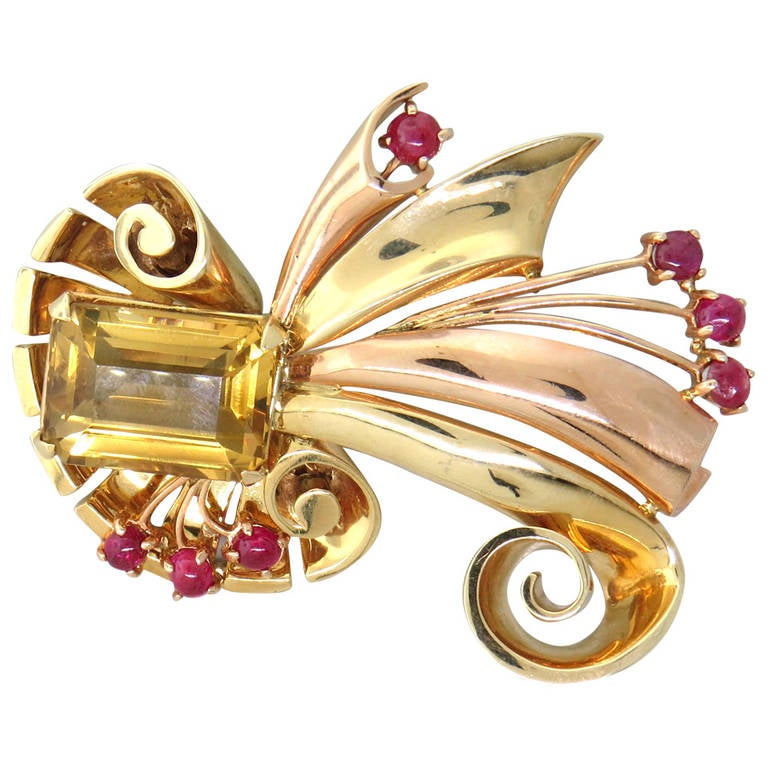 Retro Citrine Ruby Gold Brooch Pin