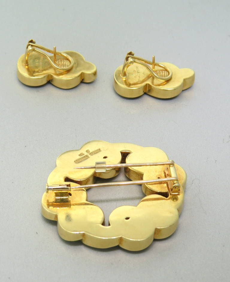 Round Cut Angela Cummings Aventurine Gold Earrings Brooch Set For Sale