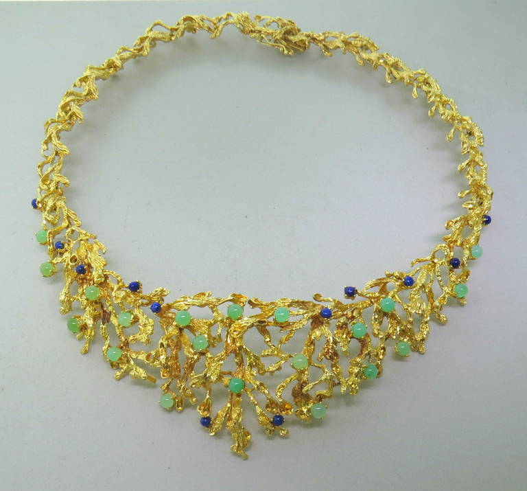 18k textured gold branch motif necklace, featuring  chalcedony and lapis beads. Necklace is 16