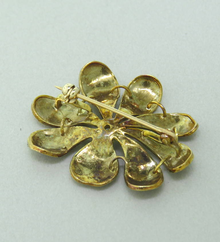Art Nouveau Gold Pansy Enamel Diamond Brooch Pin In Excellent Condition In Lambertville, NJ