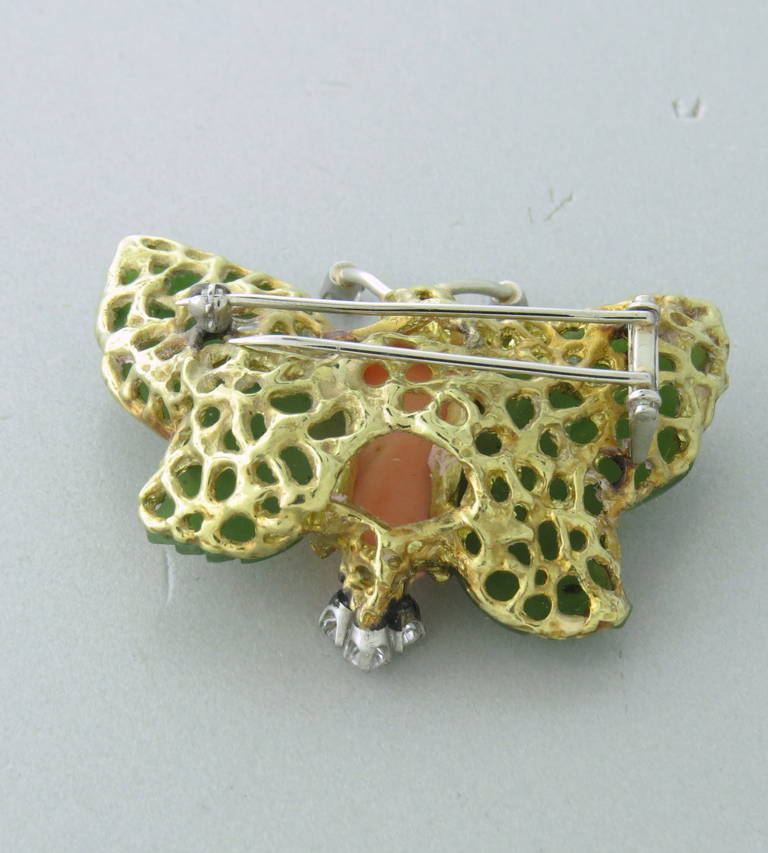 1970s Coral Nephrite Jade Diamond Gold Butterfly Brooch Pin