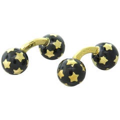 French Black Enamel Gold Star Ball Cufflinks