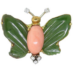 1970s Coral Nephrite Jade Diamond Gold Butterfly Brooch Pin