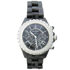 Chanel Lady's Black Ceramic and Diamond J12 Chronograph Wristwatch