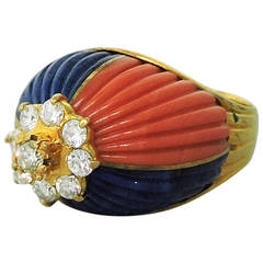 1960s Carved Coral Lapis Diamond Gold Ring