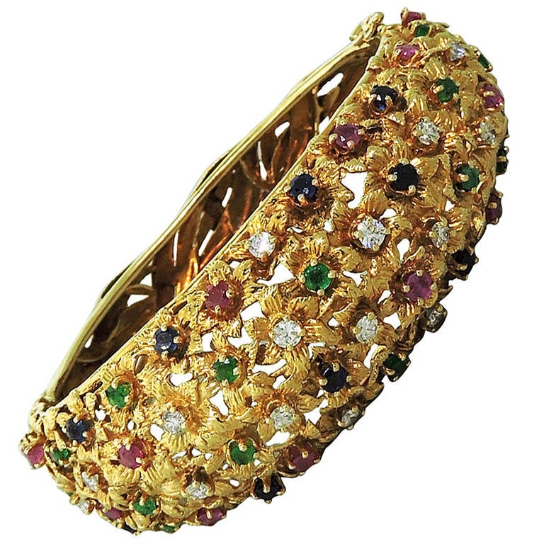 Massive 1960s Van Gogh Multi Gemstone Diamond Gold Bangle Bracelet at ...