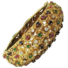 Massive 1960s Van Gogh Multi Gemstone Diamond Gold Bangle Bracelet