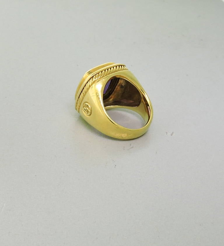 Classic David Yurman 20mm Albion 18k yellow gold Amethyst ring. Rring size 7 1/2, ring top measures approx. 20mm x 20mm. Marked DY, 750. Weight - 20.9gr