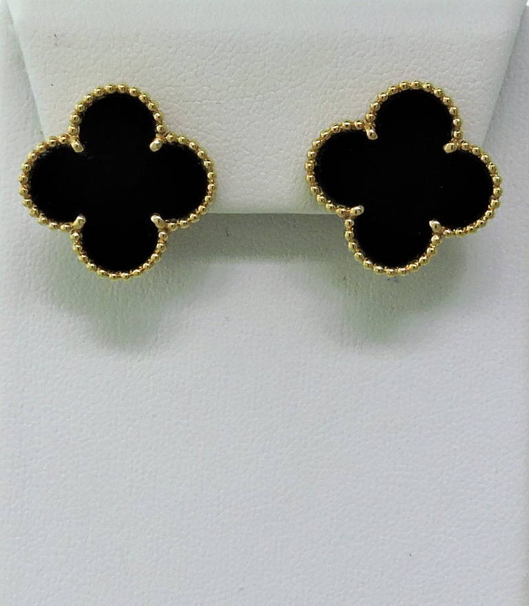 Women's Large Van Cleef & Arpels Alhambra Onyx Gold Earrings