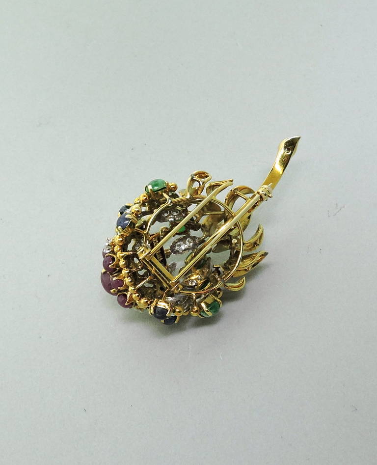Multi Gemstone Diamond Gold Flower Clip Brooch In Excellent Condition In Lambertville, NJ