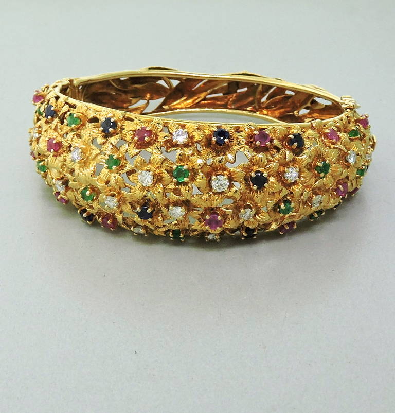 Massive 1960s Van Gogh Multi Gemstone Diamond Gold Bangle Bracelet In Excellent Condition In Lambertville, NJ