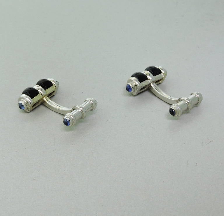 Onyx Sapphire Gold Cufflinks In Excellent Condition For Sale In Lambertville, NJ