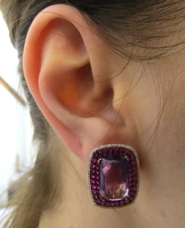 Women's Modern Amethyst Ruby Diamond Gold Earrings