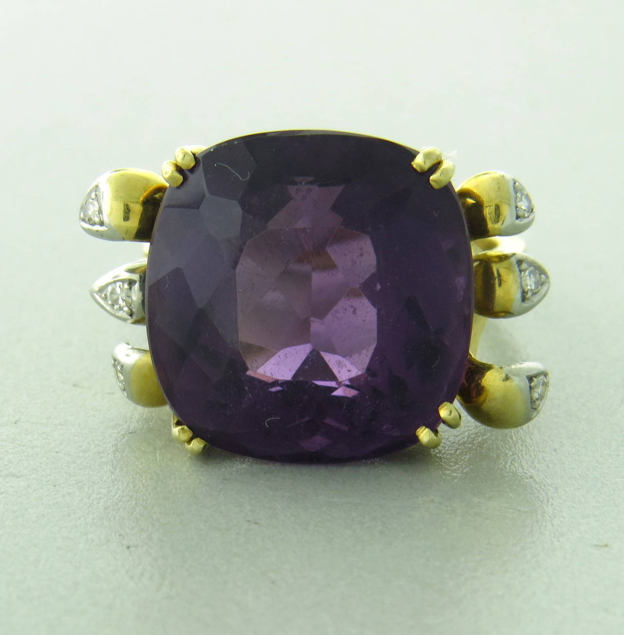 Amethyst - approx. 17.5mm x 17mm , 6 Diamonds - approx. 0.09ctw. Ring size 7 1/2 (has sizing balls). Marked 750 h.stern hallmark , 23594, Weight - 11.7g