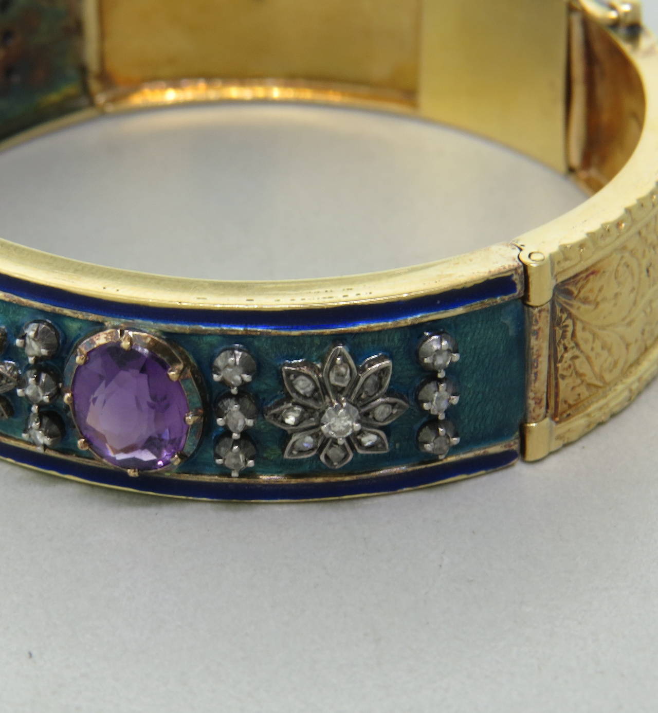Victorian Continental European Enamel Amethyst Diamond Gold Bangle Bracelet