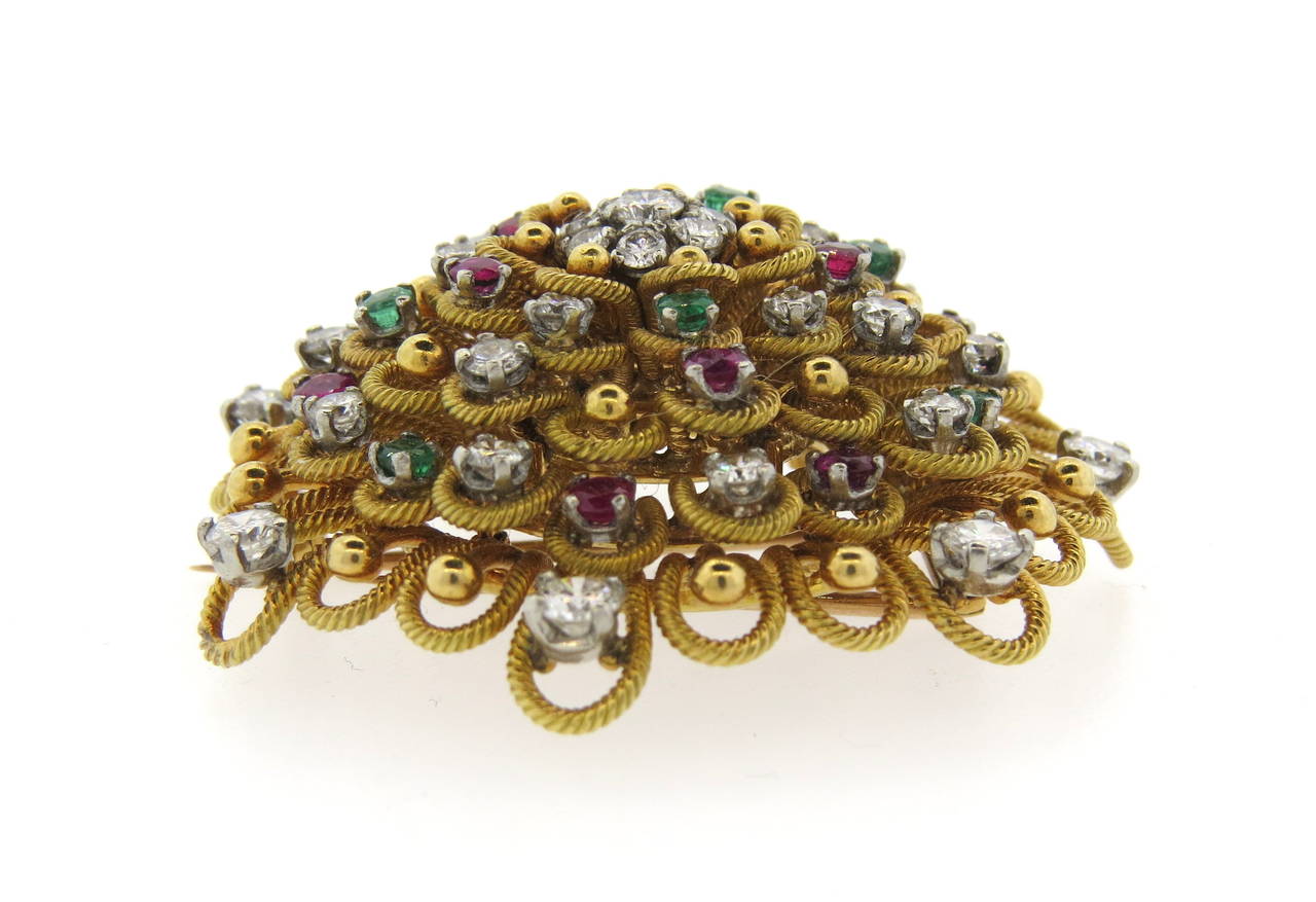 Impressive Vourakis Emerald Ruby Diamond Gold Brooch at 1stDibs